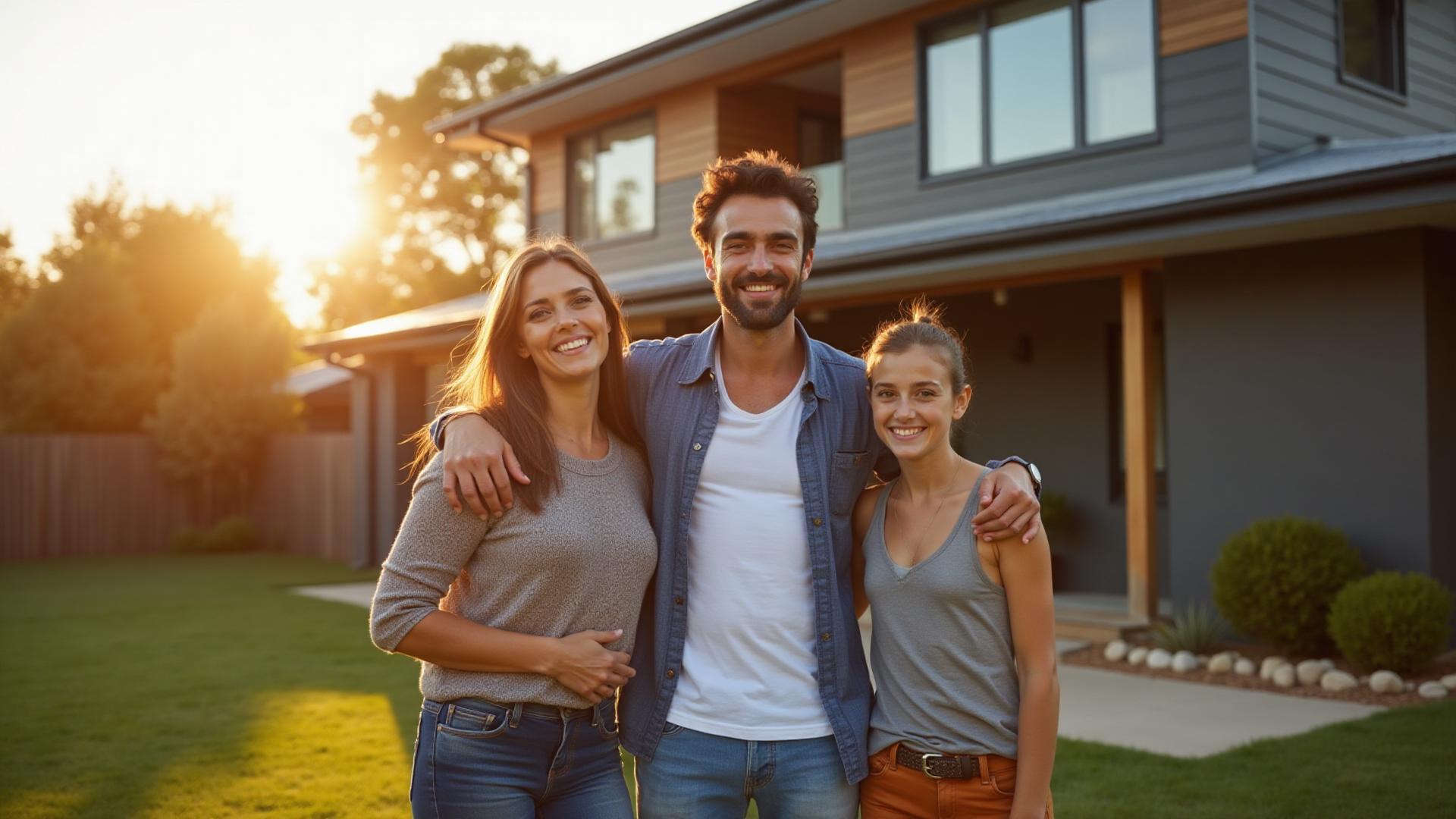 Happy Australian family in front of their home